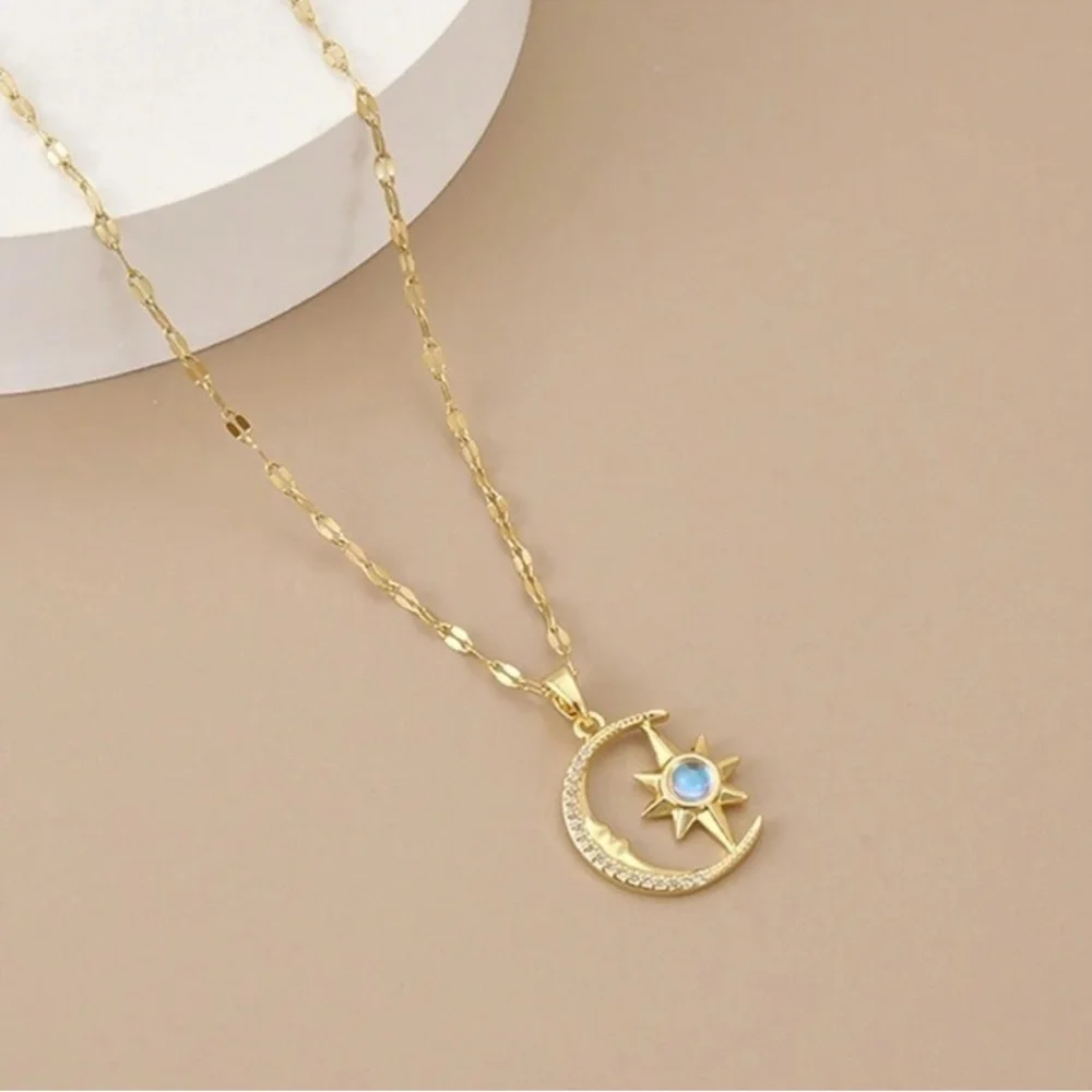 Gold Plated Stainless Steel Moon & Star Rhinestone Pendant Necklace